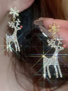 1 Pair Vintage Style Snowflake & Reindeer Pendant Earrings, Sparkling Rhinestone Accents - Suitable For Party & Casual Decor, Christmas Earrings - Multicolor - View 3