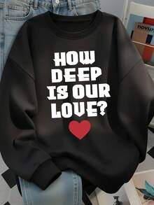 Niche Slogan HOW DEEP IS OUR LOVE 心形圖案女款寬鬆顯瘦圓領長袖衛衣 秋冬款 - 黑色 - 查看 4