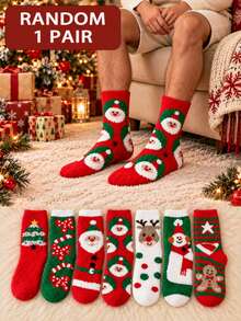 1/3/5/7 Pairs Unisex Christmas Santa Claus, Reindeer, Snowman Pattern Red & Green Contrast Color Plush Mid-Calf Socks, 3D Fluffy Pattern With Soft Cuff, Warm And Comfortable, Cute Holiday Style, Suitable For Winter Home, Christmas Party And Gift Giving - Multicolor - View 9