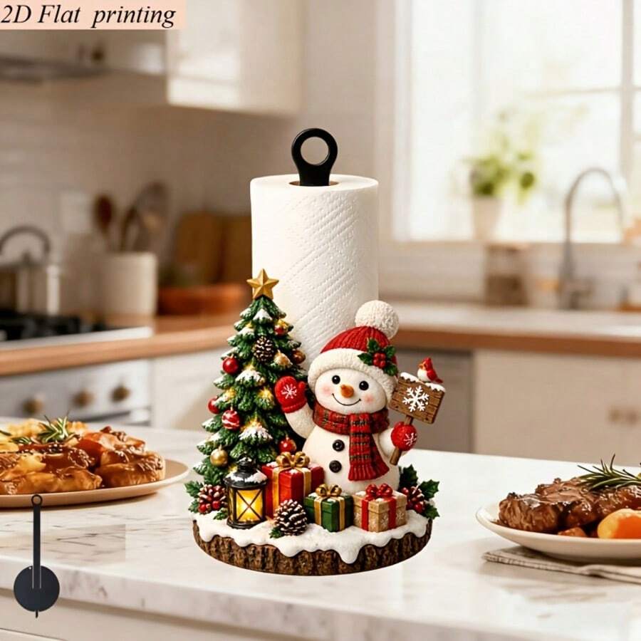 2D Flat Printed Kitchen Paper Towel Holder 1pc Christmas Style Cozy Snowman Christmas Tree Design Creative Desktop Paper Towel Rack Iron Material No Paper Towels Included Fun Holiday Design Suitable For Living Room And Dining Room - View 1