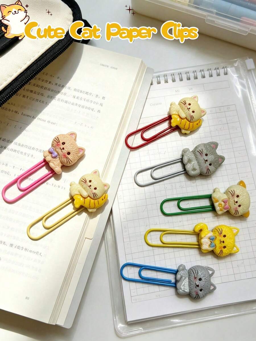 3/6/12pcs Cute Cat Metal Paper Clips Bookmarks, Creative Cartoon Mini Paperclips, Perfect For Journal, Page Marking, Document Decoration, Kids - Multicolor - View 1