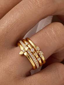 1 buah Cincin Batu Permata Putih Bulat Mewah Berlapis Emas 18K, Cincin Bertumpuk Berlapis, Cincin Berlian Bunga, Hadiah Pesta Liburan yang Istimewa untuk Wanita - Yellow Gold - View 7