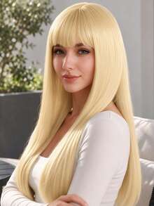 Wig Panjang Lurus Warna Emas Muda Elegan 24 Inci dengan Poni, Halus dan Alami, Modis dan Serbaguna, Cocok untuk Pemakaian Sehari-hari Wanita, Acara Pesta, dan Halloween - Emas - View 4