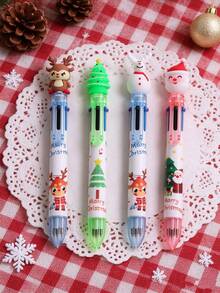 4pcs/2pcs/1pc Christmas Multi Color Retractable Ballpoint Pens, 6-In-1 Multicolored Ball Pen With Cute Christmas Topper, Santa Snowman Reindeer Christmas Tree, Kids Christmas Party Favors Stocking Stuffers Gift - Multicolor - View 3