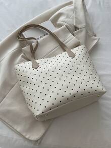 Tas Tote Gaya Korea Minimalis Motif Polkadot Tekstur Leci, Tas Bahu Serbaguna dan Lucu untuk Wanita dan Pelajar - Krem - View 10