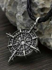 1pc Nordic Viking Compass Necklace, Antique Bronze Rune Totem Stainless Steel Pendant With Black Braided Leather Cord, Personalized Men's Accessory - Multicolor - View 2