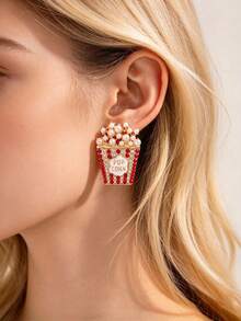 1 Pair Girls Cute Popcorn Food Stud Earrings, Faux Pearl And Rhinestone Decorated Gold Earrings, Children Party Costume Jewelry Accessories - Style 1 - View 2
