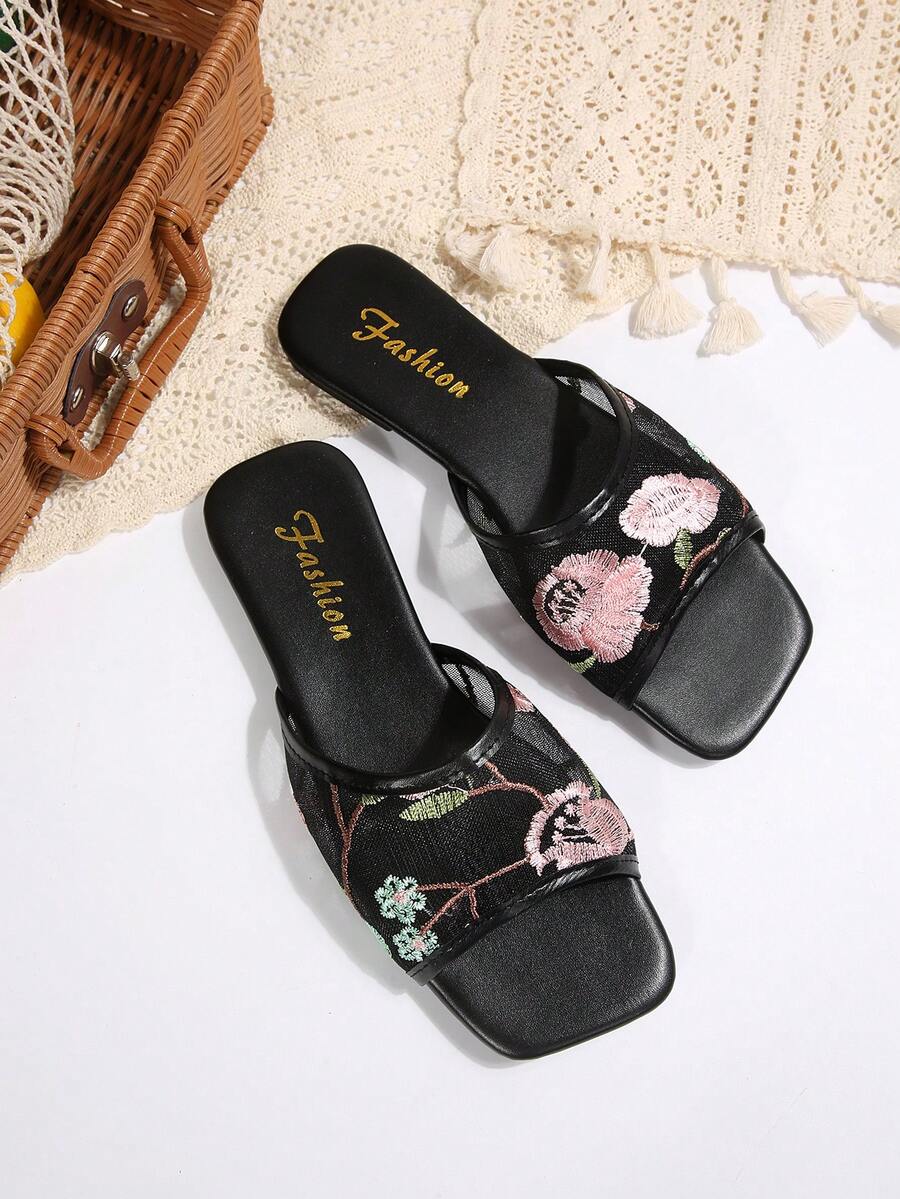 Women's Black Mesh Floral Embroidered Square Toe Flat Slip-On Sandals, Non-Slip Everyday Wear - Black - View 1