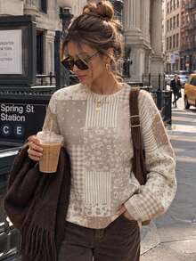 Women Khaki Patchwork Print Knit Sweater, Floral Check Long Sleeve Crew Neck Pullover, Soft Cozy Cottagecore Jumper, Fall Winter Going Out Outfit - Khaki - View 3