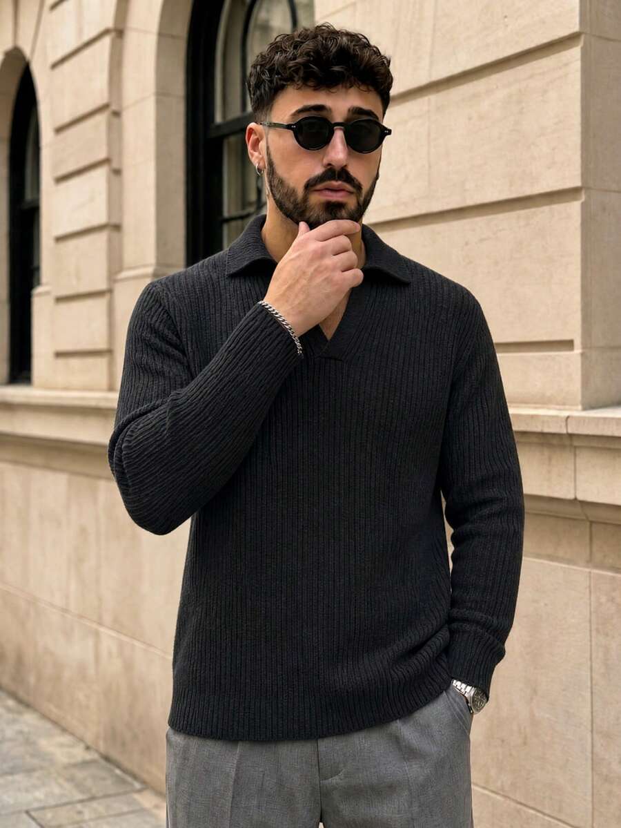 Lookun Men's Loose Casual Knit Sweater With Polo Collar, V-Neck, Relaxed Fit, Everyday Wear, Autumn/Winter - Black - View 1
