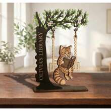 1pc Wooden Cat Swinging On Swing Reading Book Figurine, Personalized Carved Tree-Shaped Desktop Decor, Cute Animal Design Book Lover Commemorative Gift, Suitable For Home Library Reading Corner Decoration, Christmas, 2026 Christmas Decoration - Multiple Styles - View 3