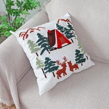 1pc Christmas Tree Embroidered Pillow Case, Winter Cabin Reindeer & Christmas Tree Embroidered Cushion Cover, Suitable For Sofa Bedroom Holiday Home Decor, Pillow Insert Not Included - Multicolor - View 5