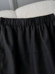 Women's Spring/Summer New Linen Fabric Embroidered Hem Long Skirt, Casual Versatile Elastic Waist Lace Patchwork Skirt Black - Black - View 4