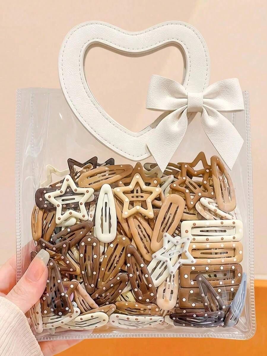 50/30/5pcs Women's Cute Star & Geometric Pattern Snap Hair Clips, Brown Aesthetic Non-Slip Metal Styling Hair Accessories - Multicolor - View 1