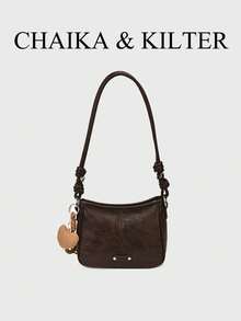 1pc Square PU Fabric Shoulder Bag With Adjustable Strap, Suitable For Commuting, Shopping, Etc. (With Pendant) - Coffee - View 2