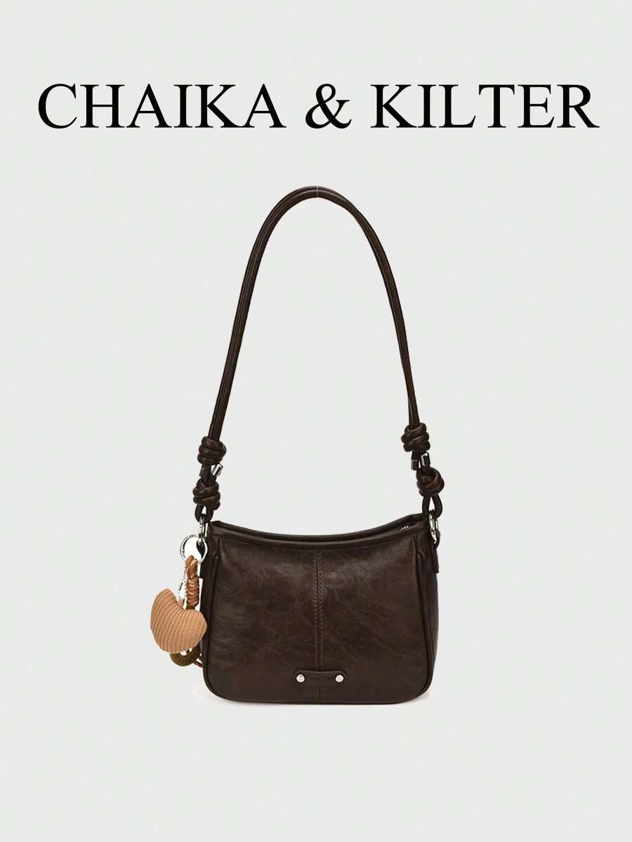 1pc Square PU Fabric Shoulder Bag With Adjustable Strap, Suitable For Commuting, Shopping, Etc. (With Pendant)