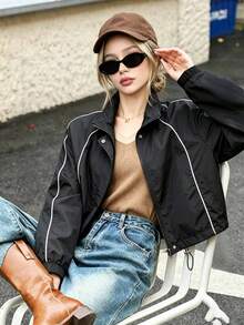 Commuter Casual Colorblock Trim Stand Collar Short Windbreaker Jacket, Autumn Minimalist Outfit, Dropped Shoulder Loose Fit Drawstring Hem American Style Short Jacket, Flight Jacket - Black - View 6