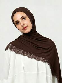 1pc Women's Elegant Lace Trim Lightweight Modal Wide Rectangular Headscarf, Classic Prayer Shawl Hijab, Comfortable Breathable Thin Modal Fabric, Premium Heavy-Duty Wide Hem Modal Hijab, Suitable For Festivals, Daily Wear And Outings - Coffee Brown - View 2