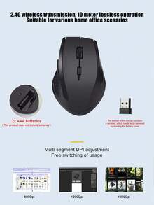 2.4G Wireless Ergonomic 6‑Button Computer Mouse, 800‑1600 DPI Adjustable Portable Mouse, Plug And Play, 10‑Meter Stable Connection For Laptop PC Desktop Home Office Use, Battery Not Included(Battery Not Included) - View 5