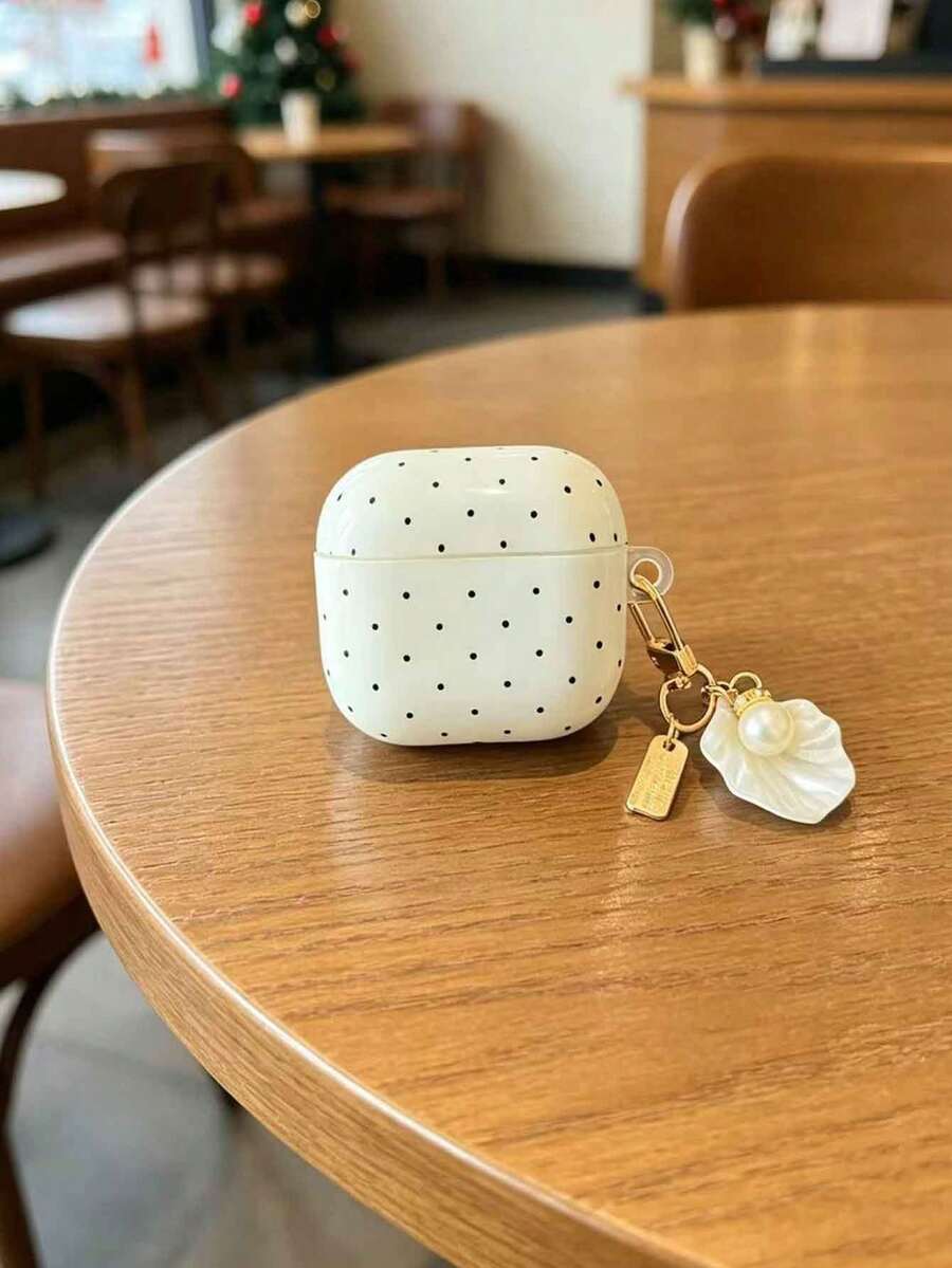 1pc White Smooth Full Coverage Black Polka Dot AirPro5 Earphone Case + Shell Texture With Small Pearl Pendant, Suitable For AirPro2 Protective Case, AirPods4, AirPods3, New 1/2 Generation Girls Earphone Case Protective Cover - White - View 1