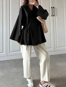 Women's Autumn New Minimalist Long Sleeve Tie-Front Shacket, Suitable For All Seasons Black Spring - Black - View 2
