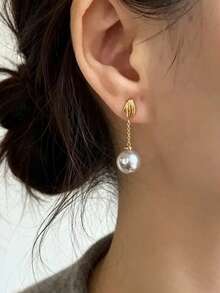 1 Pair Elegant Casual Faux Pearl Geometric Drop Earrings Suitable For Women's Daily Commute And Party Wear - Golden Yellow + Silver - View 4