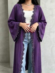 1pc Open Abaya, Solid Color Lace Design, Breathable, Skin-Friendly, Fashionable, Classic, Versatile, Suitable For Muslim Women, All Seasons - Multicolor - View 8
