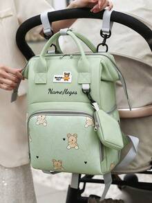 Customized Name Text Shoulder Strap Mom Bag, Multi-Pocket Large Capacity Nylon Material Travel Bag, Women's Travel Gift, Teddy Bear Design, Gift For Mom, Hospital Bag For Childbirth - Green - View 9