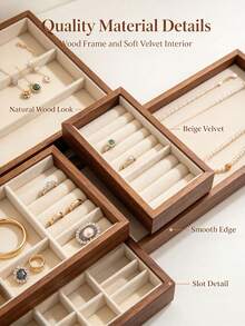 1pc Wooden Velvet Jewelry Tray, Jewelry Storage & Display Tray, Drawer-Style Earring Storage Box, Stackable Jewelry Storage Tray - Multicolor - View 3