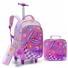 Bộ 3 túi du lịch có bánh xe cho trẻ em, ba lô học sinh thiết kế hai mặt màu hồng hoạt hình nàng tiên cá đính kim sa, kèm túi xách và túi đựng bút - Hồng - Xem 9