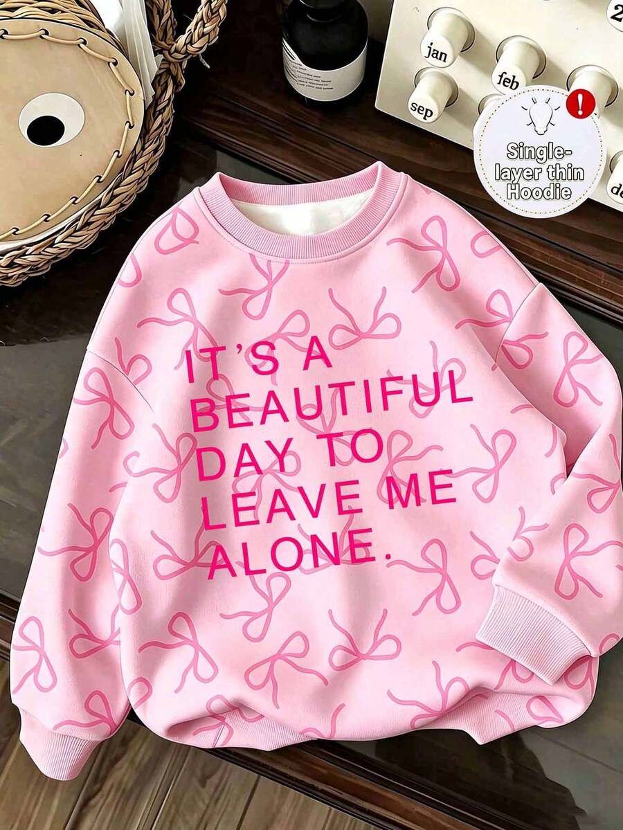 Women's Autumn/Winter Inspirational Slogan Print Light Pink Bow Pattern Sweatshirt, Y2K Style, Loose Round Neck Long Sleeve Comfortable Back To School Outfit - Pink - View 1