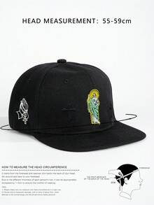1pc Religious Saint And Cross Embroidered Flat Brim Baseball Cap Black Streetwear Hip Hop Hat - A - View 3