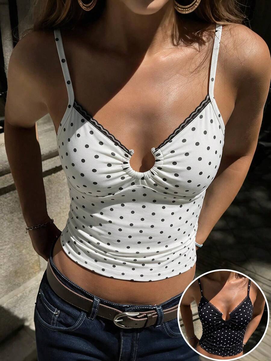 2pcs Lace Hollow Polka Dot Camisole Tank Tops For Women, Slim Fit Flattering Back Design Base Layer, Casual Comfortable With Padded Cups, Suitable For Daily Wear - Multicolor - View 1