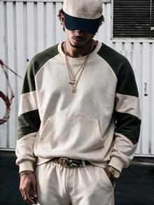 Men's Autumn Colorblock Patchwork Crew Neck Sweatshirt With Segmented Raglan Sleeves, Loose Fit Kangaroo Pocket Casual Pullover - Apricot - View 7