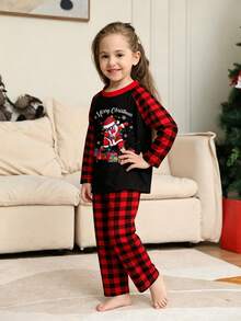 Tween Girl Christmas Pajama Set 2pcs, Contrast Raglan Sleeve Design, Round Neck Blessing Words Santa Claus Gift Print Long Sleeve Top, Red & Black Plaid Pajama Pants, Holiday Loungewear Set, Christmas Gift - Multicolor - View 6