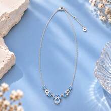 European And American Style V-Shaped Blue Rhinestone Necklace, Silver Lightweight Luxury Rhinestone Collarbone Chain, Elegant Versatile Pendant Neck Accessory For Party - Silver - View 3