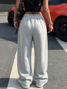 Light Gray Wide Leg Sweatpants With Split Line Design, Drawstring Elastic Waist Floor-Length Pants, Street Style Casual Long Pants, Loose Draped Sweatpants With Pockets, Versatile Spring/Autumn Women's Pants, Slimming Wide Leg Pants - Light Grey - View 2