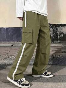 Teen Boys Side Stripe Cargo Pants, Autumn/Winter Fashion Loose Fit Cool College Flap Pocket Casual Long Pants - Army Green - View 2