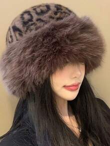 1pc Leopard Print Warm Plush Hat For Women, 2026 Autumn/Winter Retro Thickened Cold-Proof Face-Slimming, Suitable For Cold Weather Wear - Leopard Print Bucket Hat - View 3