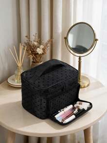 1pc Women's Black Mesh Small Heart Pattern Makeup Bag, Fashionable Multi-Compartment Large Capacity Toiletry Bag, Storage Bag, Suitable For Daily Use And Travel - Black - View 4