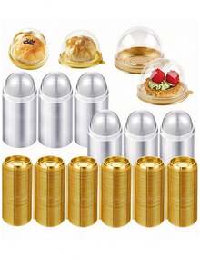 100/50pcs Transparent Plastic Mini Cake Boxes With Lids, Round Cupcake Holders, Egg Tart Containers, Mooncake Dome Boxes, Baking Packaging Boxes, Kitchen Baking Tools, Small Business Supplies - Gold - View 10