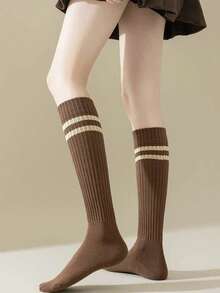 1 Pair Women's Double Stripe Ribbed Knee-High Socks, Preppy Style Autumn/Winter Versatile Knit Socks, Match With Short Skirts And Boots - Multicolor - View 2