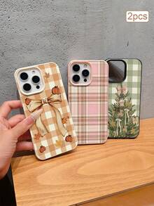 3pcs Leather Texture Autumn/Winter Plaid Bow Print TPU Shockproof Full Coverage Precision Protective Case Compatible With Apple 11/12/13/14/15/16/16Pro/16ProMax/17/17pro/17ProMax/18pro 18ProMax - Multicolor - View 1