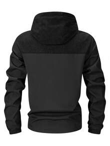 Men's Hooded Jacket, Corduroy Patchwork, Drawstring Hood And Zipper Design, Long Sleeve - Black - View 4