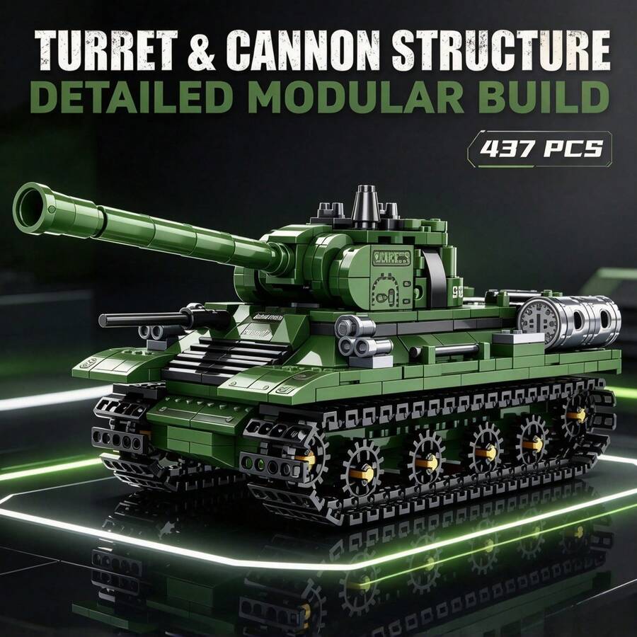 Green Medium Tank Building Model, 437 Pieces Adult Collectible Building Blocks Set, Rotatable Turret, Long Barrel And Tracks, Suitable For Halloween, Christmas, Thanksgiving And Birthday Gifts For Hobby Collectors - T-34 Heavy Tank - View 1
