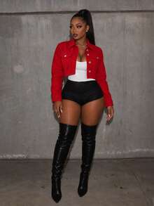 Stylish Red Crop Denim Jacket For Women, Long Sleeve With Collar And Button Details, Non-Stretch Fabric For A Modern Look - Red - View 1
