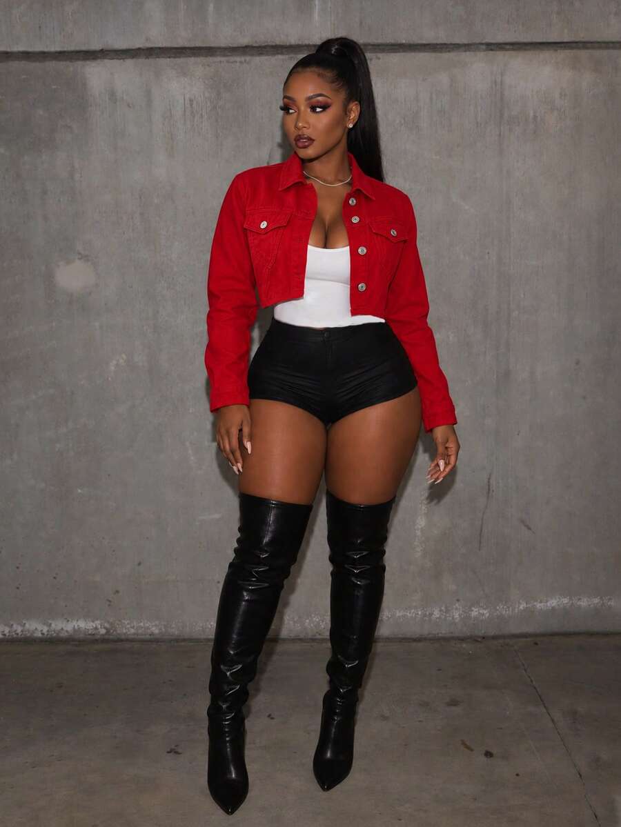 Stylish Red Crop Denim Jacket For Women, Long Sleeve With Collar And Button Details, Non-Stretch Fabric For A Modern Look - Red - View 1