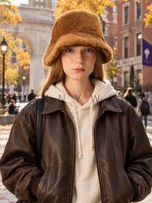 1PC Solid Color Faux Fur Bucket Hat, Casual College Style, Versatile Fashion Polyester Hat For Autumn/Winter Daily Wear - Brown - View 2