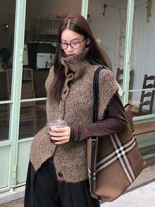 Áo gile cardigan len dệt kim cổ cao phong cách vintage, thiết kế nhiều lớp phối cúc - Màu nâu - Xem 9