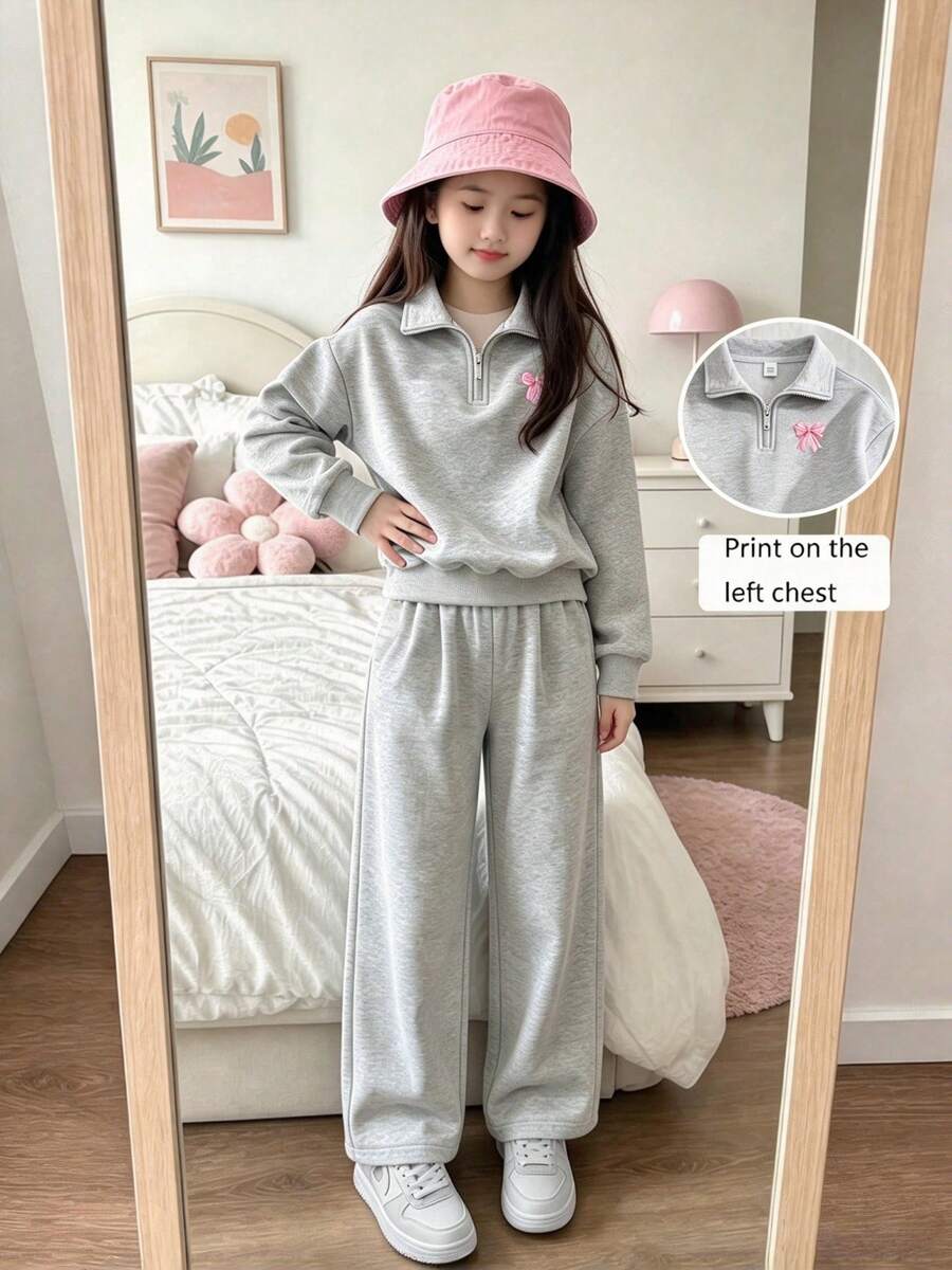Girls' Bowknot Print Gray Zipper Hoodie And Wide Leg Pants 2 Pieces Set, Minimalist Design, Suitable For Spring, Autumn And Winter Wear, Comfortable And Relaxed - Grey - View 1